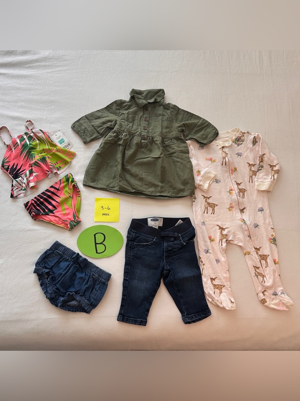 3-6 M Girl Bundle
-Olive Green Dress
-Denim Shorts
-Bambi Pajamas
-Bikini
-Jeans